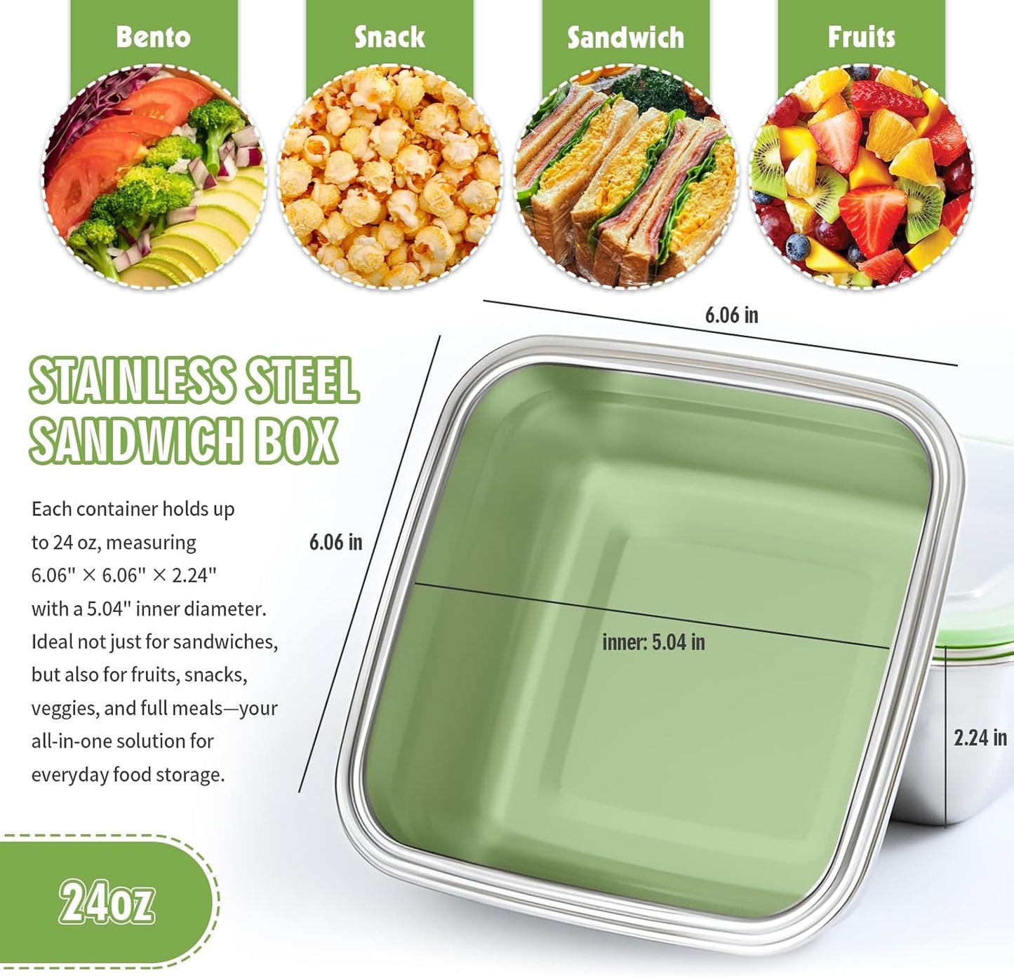 3 Pack Sandwich Containers, 24oz Stainless Steel Sandwich Box with Airtight Lids, Reusable Metal Meal Prep Lunch Boxes, BPA-Free, Dishwasher Safe, Food Storage Containers for Families (Green)