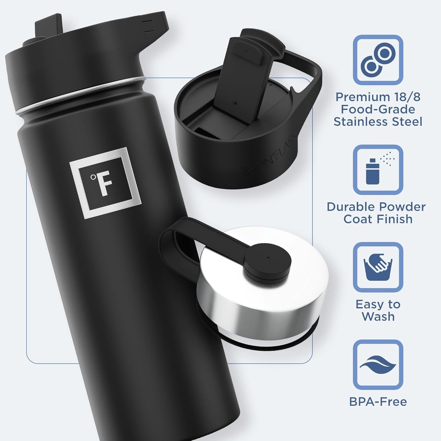 IRON °FLASK Camping & Hiking Hydration Flask with 3 Lids - Stainless Steel, Double Walled & Vacuum Insulated Water Bottle - Leak Proof & BPA Free (Day & Night, Straw - 18 oz)