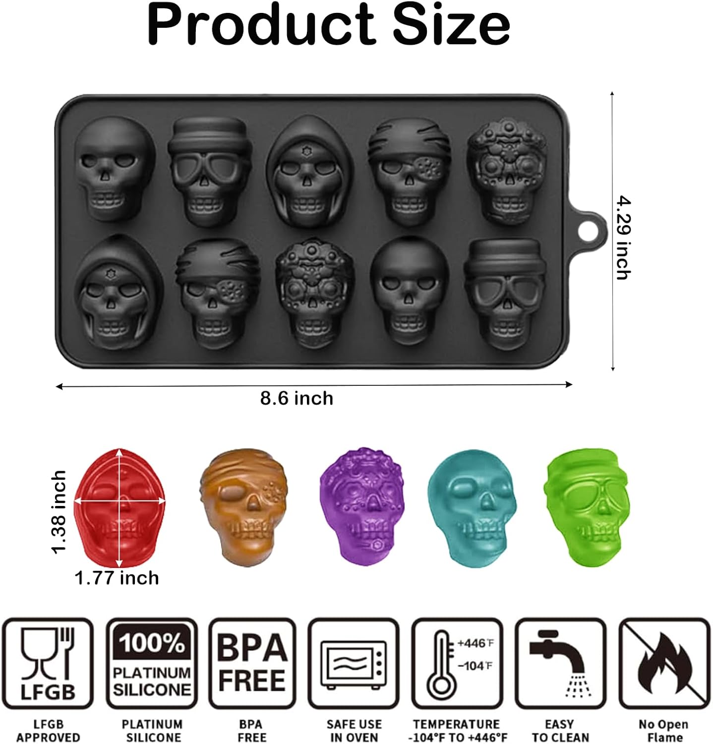 10 Cavity Skull Chocolate Molds,Halloween Silicone Skull Candy Mold for Jelly Crayon Resin, Pack of 2