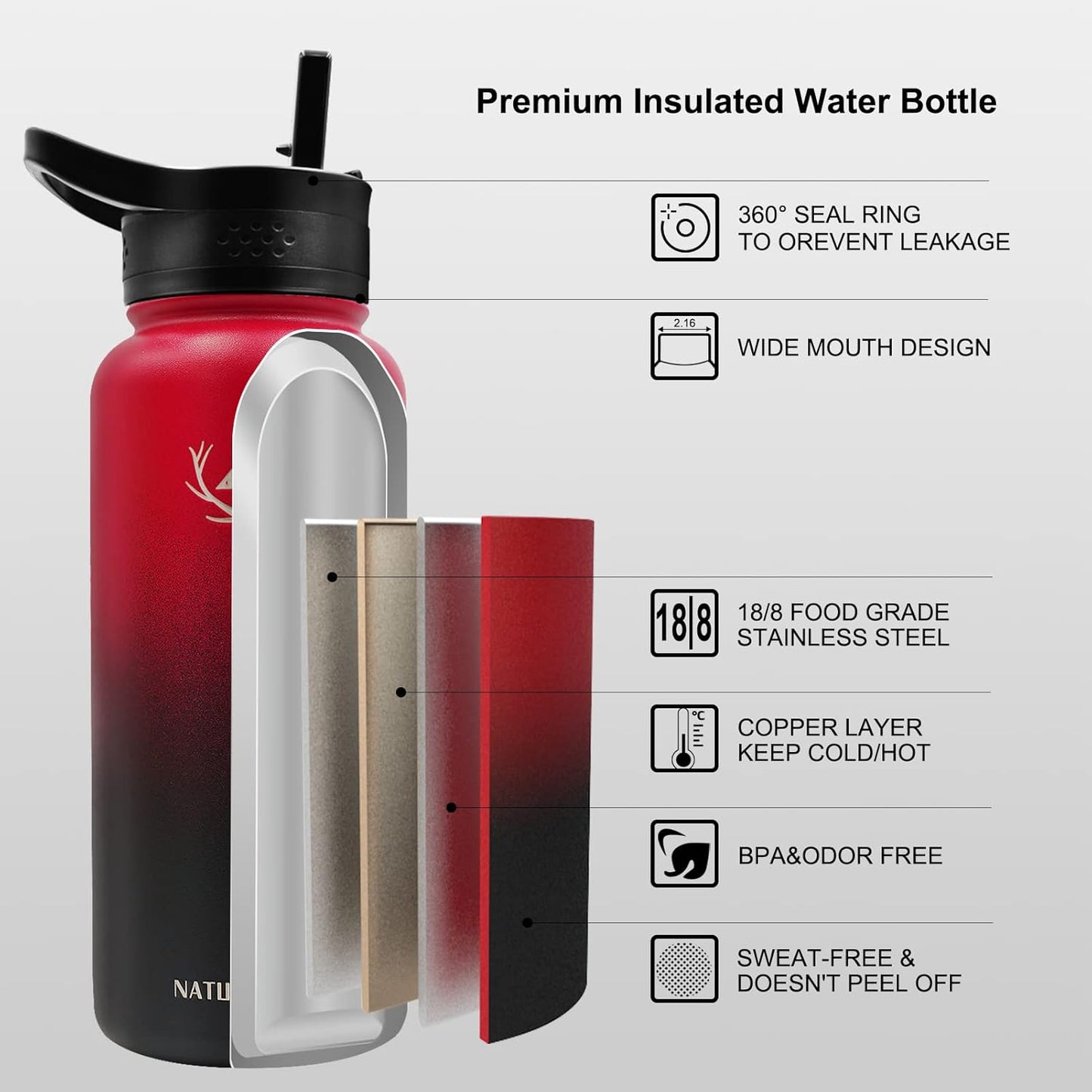 NATURE PIONEOR Insulated Water Bottles with Straw - 32oz Stainless Steel Vacuum Bottle with Holder/Carrier/Sleeve - Reusable 18/8 Food Grade 32 oz Water Jug
