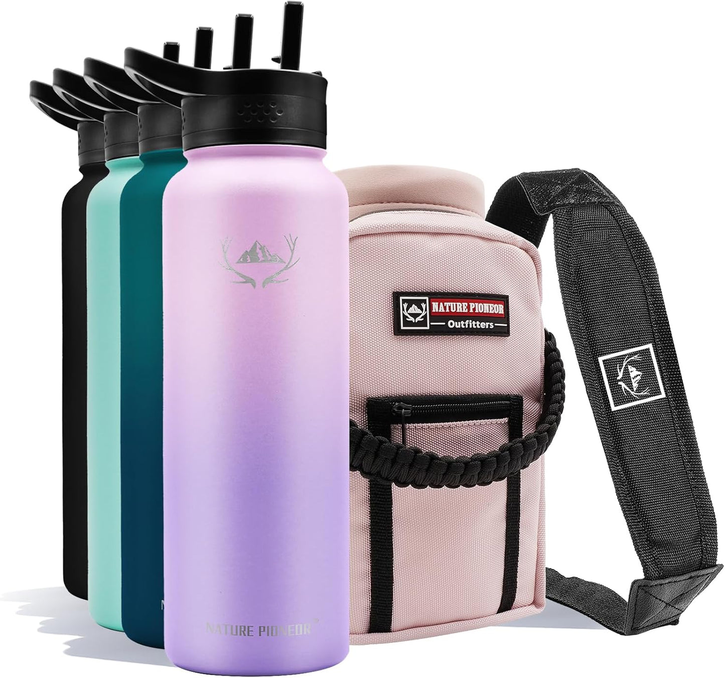 NATURE PIONEOR Insulated Water Bottles with Straw - 40oz Stainless Steel Vacuum Bottle with Holder/Carrier/Sleeve - Reusable 18/8 Food Grade 40 oz Water Jug