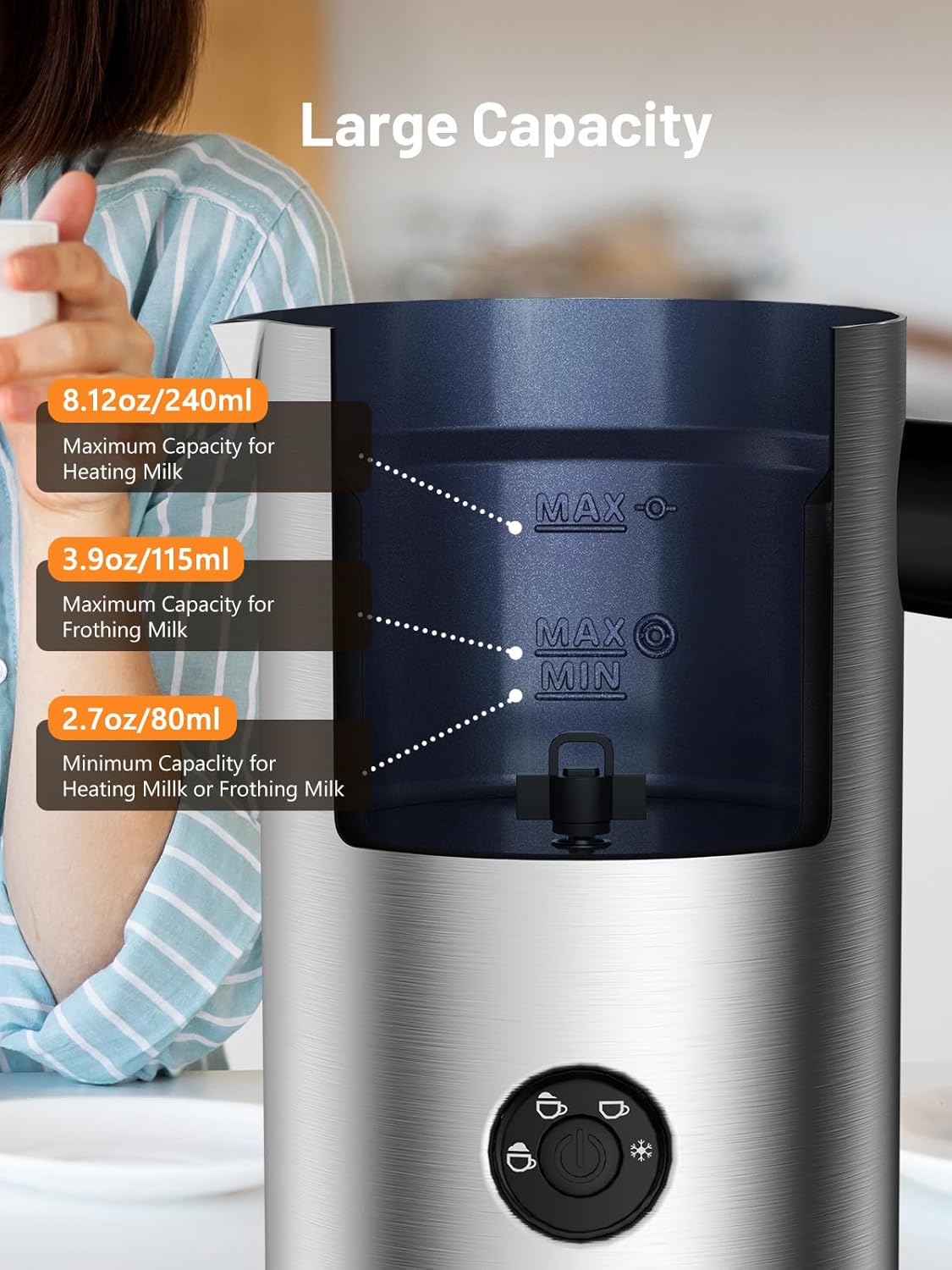 Electric Milk Frother, Automatic Milk Steamer Warm or Cold Foam Maker for Coffee, Cappuccino, Latte, Stainless Steel Milk Warmer with Temperature Controls