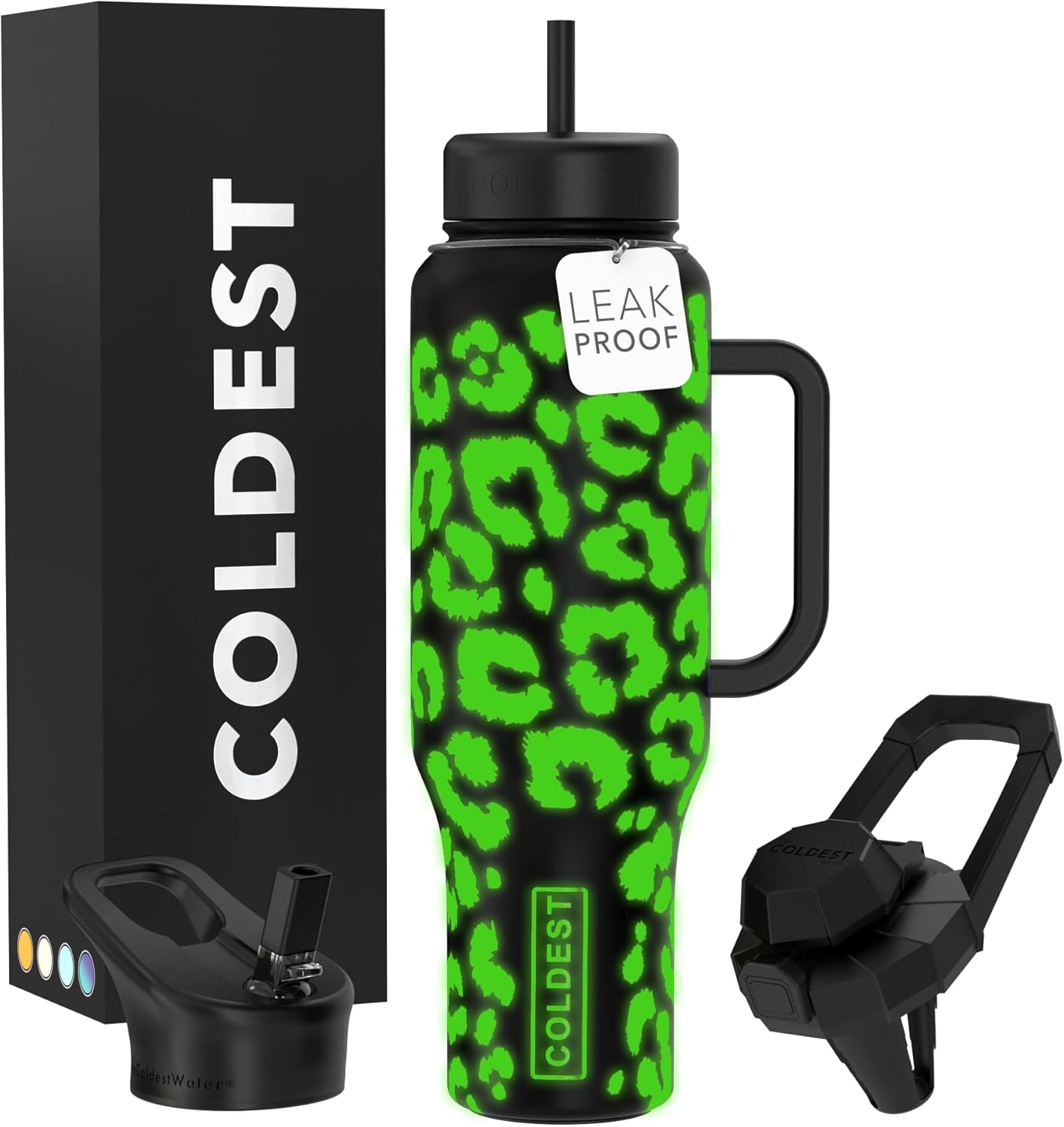 Coldest 40 oz Tumbler with Handle and Straw, 100% Leak Proof Insulated Tumbler with Lid and Straw (3 Lids), Stainless Steel Tumblers for Women & Men, Cup Holder Friendly, 46 oz (Glowie Leopard)