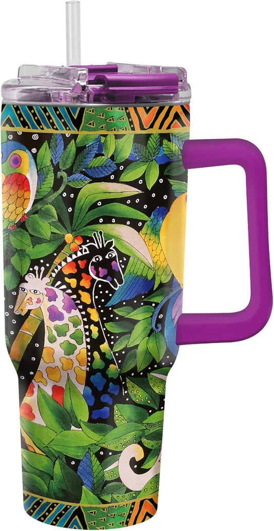 RainCaper 18/8 Stainless Steel Insulated Water Tumbler with Straw | 30oz, BPA-Free, Double Wall for Hot & Cold | Travel-Friendly, Cup Holder Ready (Laurel Burch Jungle Song)
