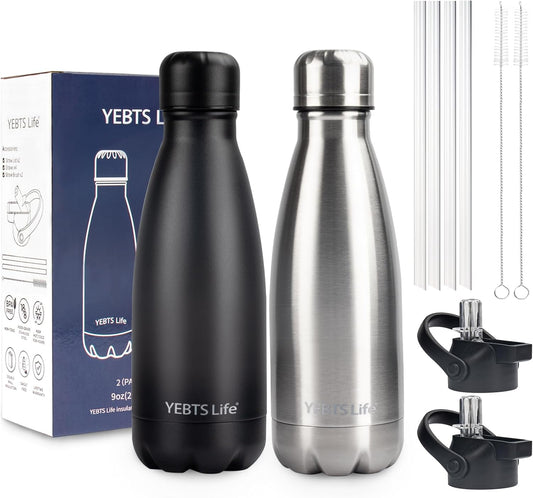 Insulated Water Bottle, 2 Pack-9oz Stainless Steel Water Bottles with straw lid, Metal Sports Water Bottles for Boys,Girls, Double Wall Vacuum BPA-Free Flask for Sports (Black-Sliver)