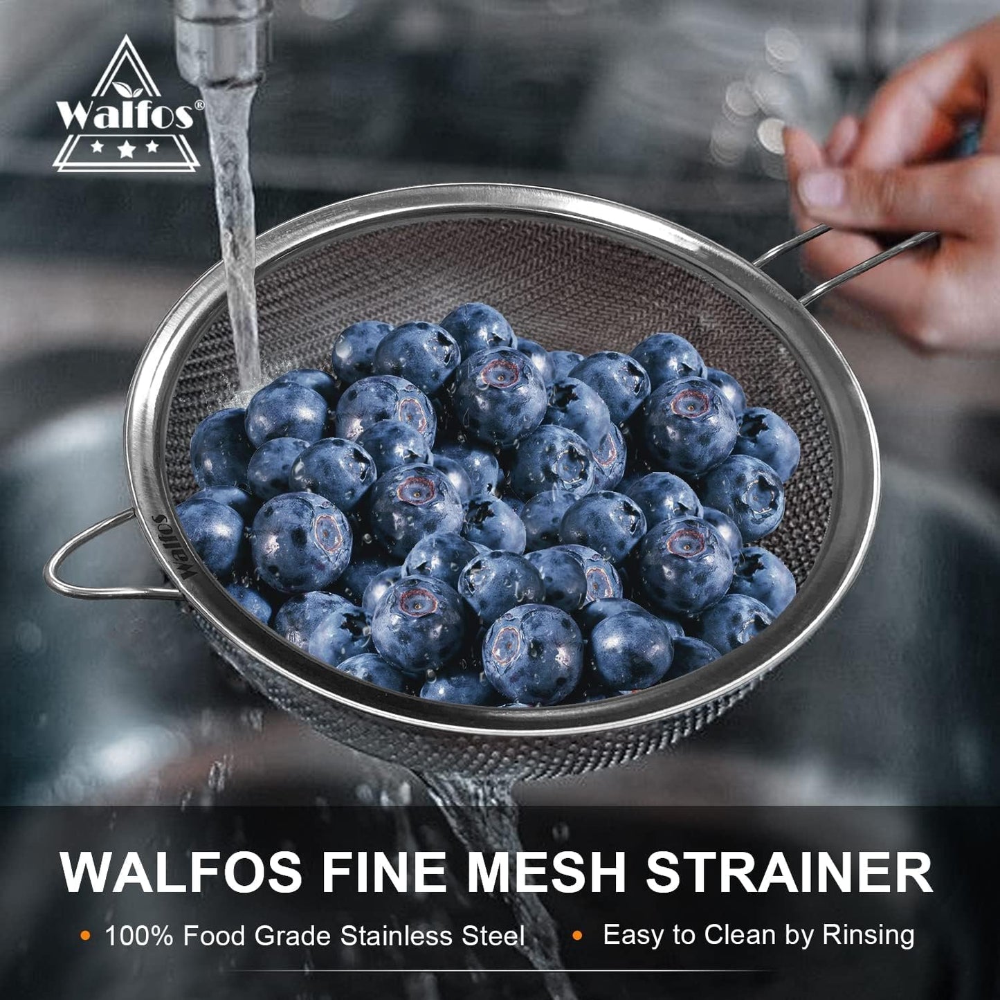 Walfos Fine Mesh Strainer 4PCS, Versatile Kitchen Strainer with Handle - 7", 5", 3.3", 2.8" Sieve Fine Mesh Stainless Steel, Metal Strainers and Sifters for Rice, Quinoa, Tea, Cocktail, Pasta, Juice