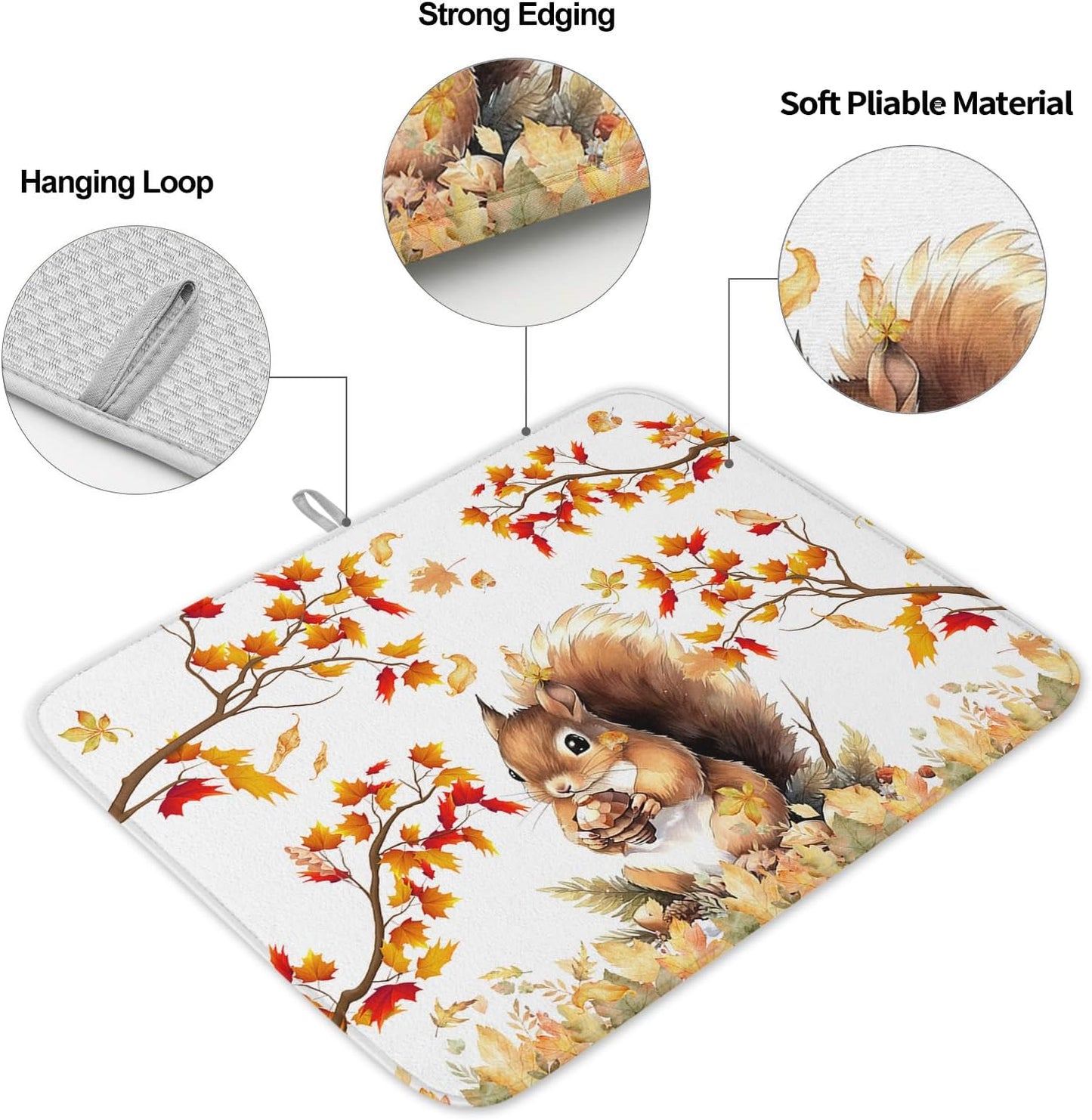 Fall Dish Drying Mat for Kitchen Counter Squirrel Drying Pad Absorbent Drying Mats for Countertops Sinks Draining Racks Pine Cone Autumn Maple Leaves Drainer Holiday Harvest Thanksgiving Decor 18x24