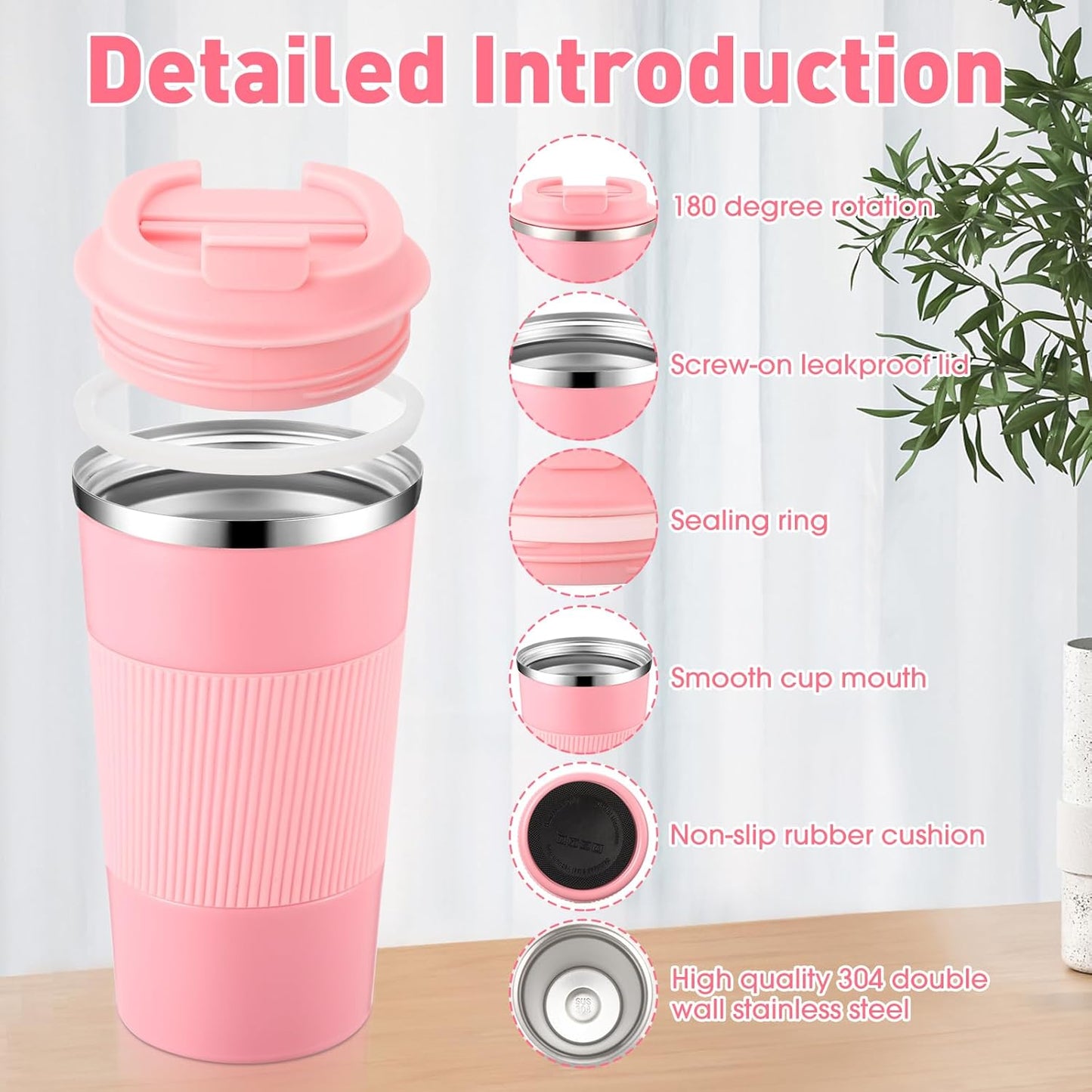 Sabary 4 Pack 16 oz Bulk Travel Coffee Mug with Lid Reusable Vacuum Insulated Coffee Tumbler Double Wall Thermal Stainless Steel Camping Tea Cup for Christmas Winter Drinks Employee Gift(Pink)