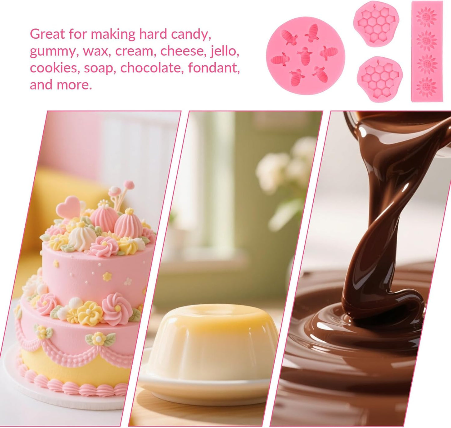 4 Pcs Bumble Bee Silicone Molds Kit with Honeycomb, Bee and Sunflower, Fondant, Chocolate, Cupcake, Cake Decorating, Candy Molds(Pink)