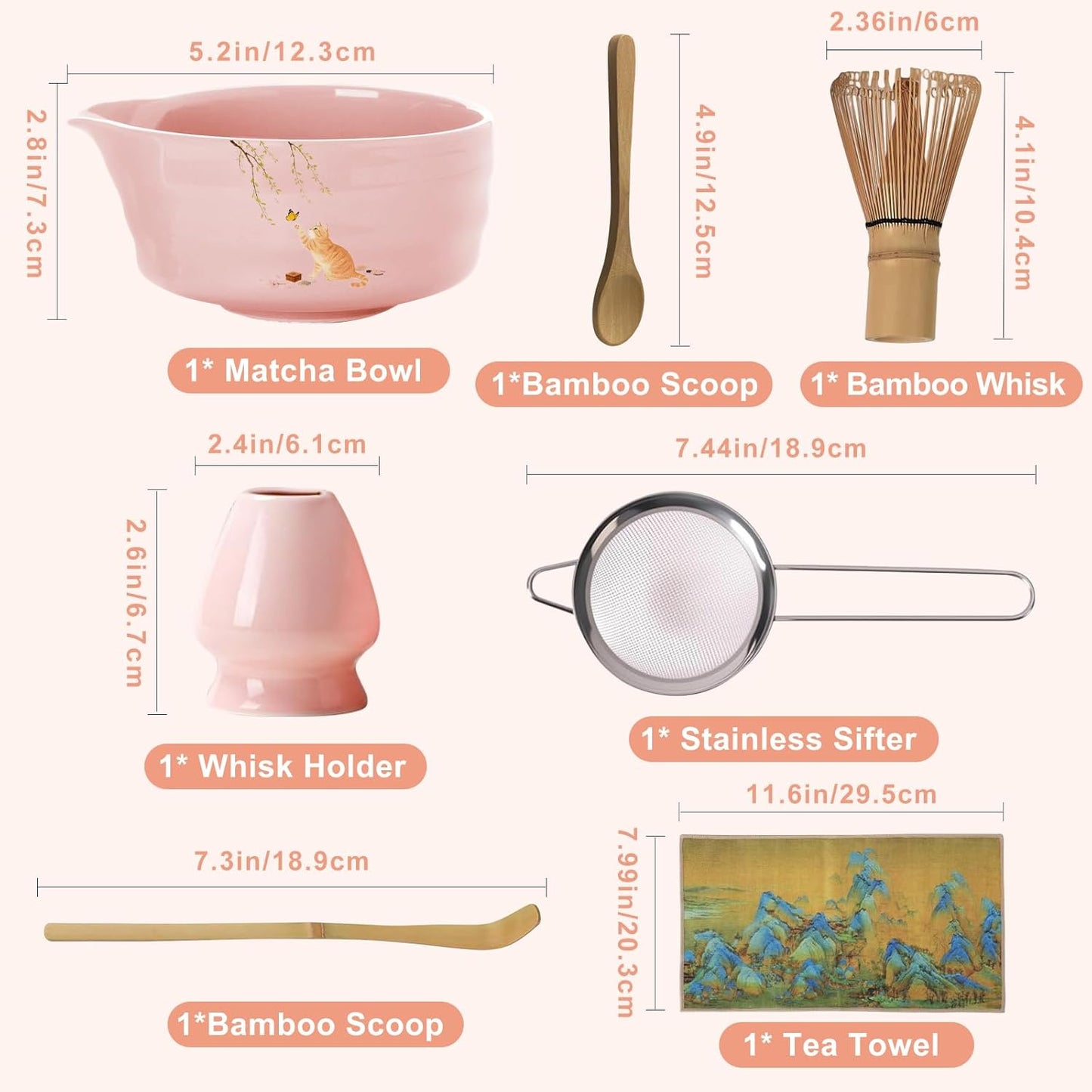 Matcha Whisk Set, 7PCS Matcha Set Includes Ceramic Matcha Set Includes Matcha Bowl, Matcha Whisk and Holder, Bamboo Scoop, Scoop Rest, Sifter and Tea Towel, Gift Bag (Pink)