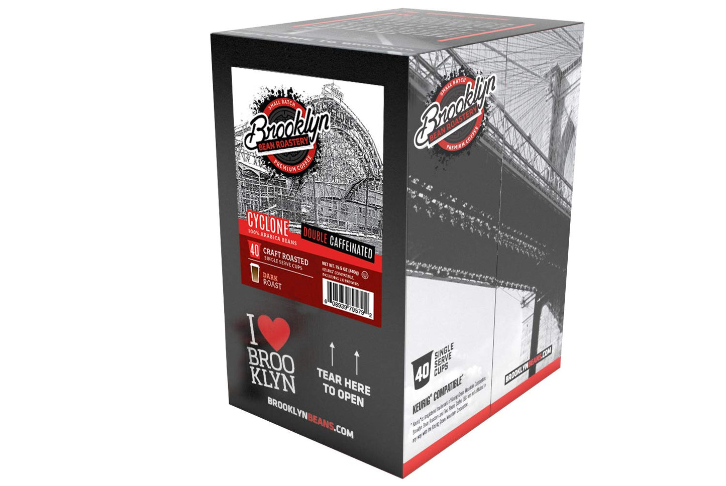 Brooklyn Beans Cyclone Gourmet Coffee Pods - Compatible with Keurig K Cup Brewers Including 2.0 Machines, 40 Count, Strong and Intense Double Caffeine