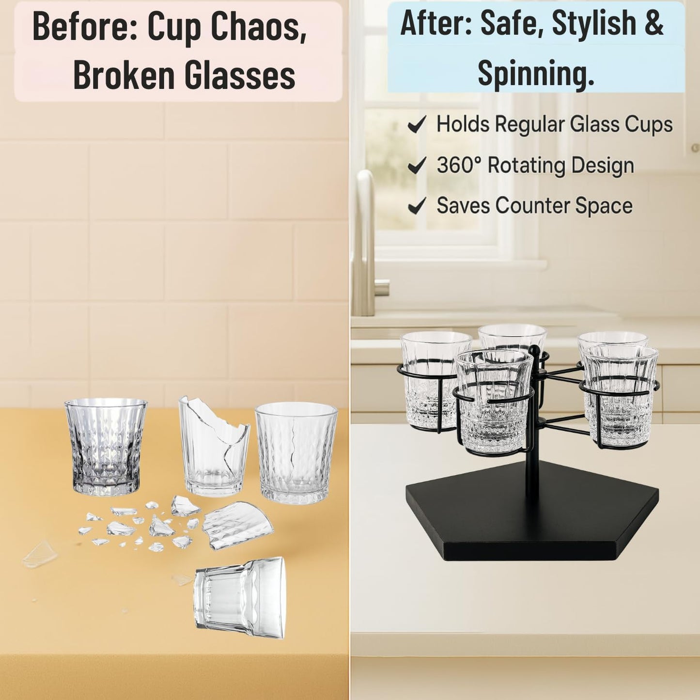 Stanley Cup Holder & Rotating Bottle Organizer – 5-Slot Wood Stand for 20/30/40oz Tumblers, Drinking Glasses, Coffee Mugs, Yeti, Hydro Flask – Countertop & Cabinet Cup Storage Rack