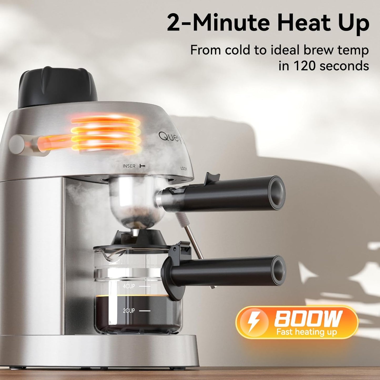 Queyd 3.5 Bar Espresso Machine,4-Cup Stainless Steel Coffee Maker with Steam Milk Frother, Compact Design Coffee Machine with Removable Drip Tray for Latte and Cappuccino, Silver