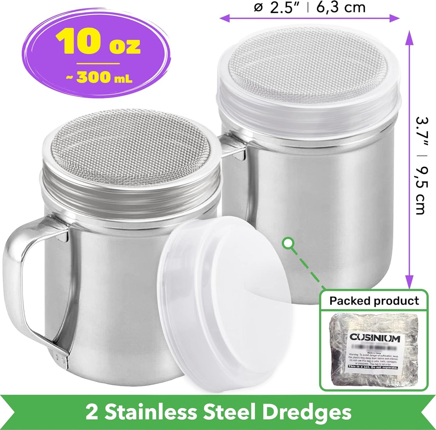 CUSINIUM Powdered Sugar Shaker Duster - With Handle - Cinnamon Shaker For Coffee Bar - Fine Mesh Dredge - 10 ounce, pack of 2 | Style: Fine