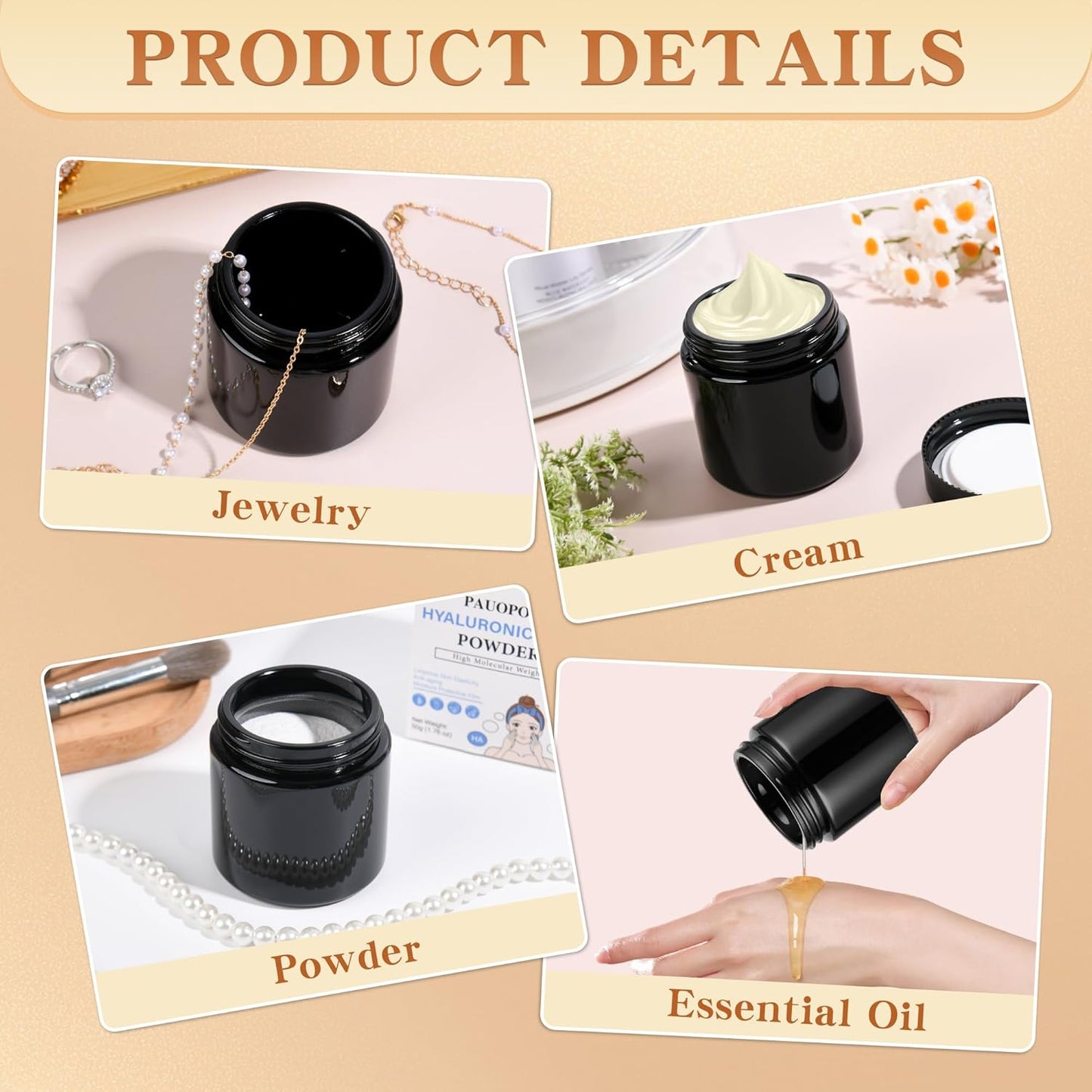 Glass Jars with Lids,Eco-Friendly Cosmetic Containers with Airtight Black Lids & Liners, Multi-Color Options for Cream, Lotion, Body Butter, DIY Skincare Travel Jars (Black, 4oz)