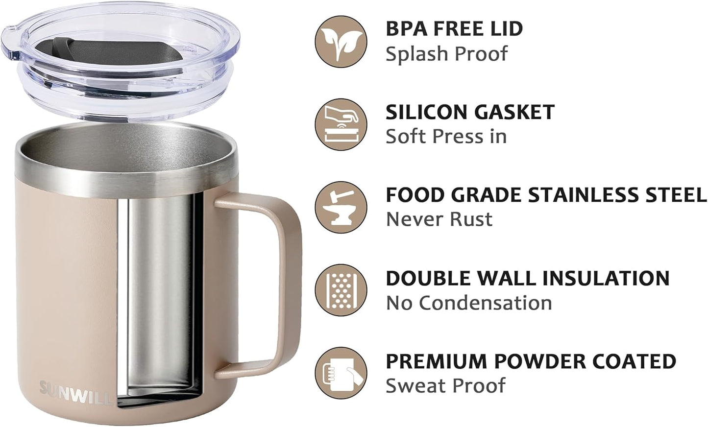 SUNWILL Travel Coffee Mug Set of 2, Insulated Tumbler with Lid, 14oz Stainless Steel Cup with Handle for Camping, Office, Home, Powder Coated Cream & Taupe