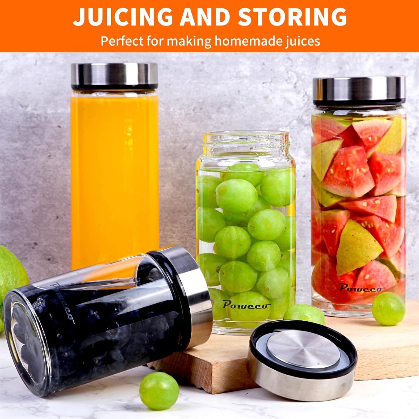 16oz Glass Juice & Water Bottles 4-Pack with Lids- Wide Mouth Reusable Borosilicate Glass- for Juicing, Smoothies, Protein Shakes, Blender & Shaker Bottle- Refillable & Dishwasher Safe(16 oz/500ml)