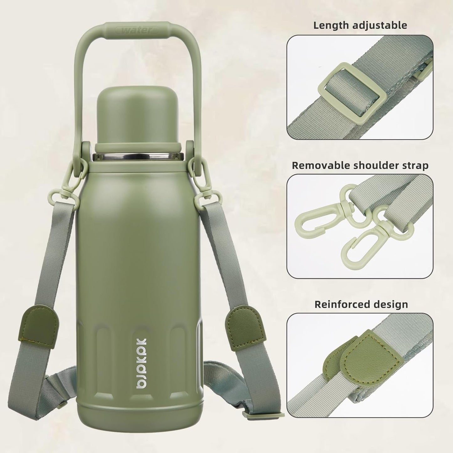 BJPKPK Insulated 40oz Thermos Dishwasher Safe Water Bottle with Lid and Carry Handle Stainless Steel Water Bottles for Sports,Army Green