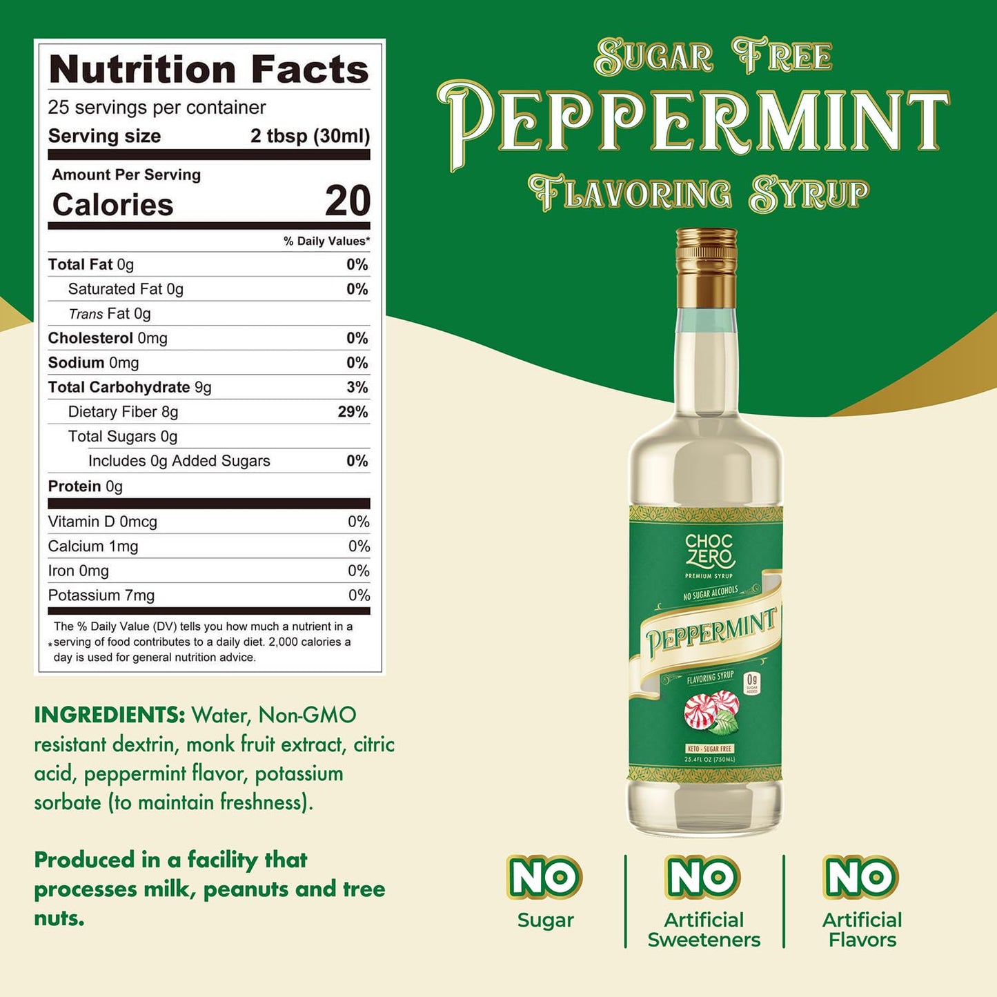 ChocZero Sugar Free Peppermint Syrup for Coffee - Keto Flavoring Syrups - Low Calorie Simple Syrup for Flavored Drinks – 25.4 Fluid Ounces