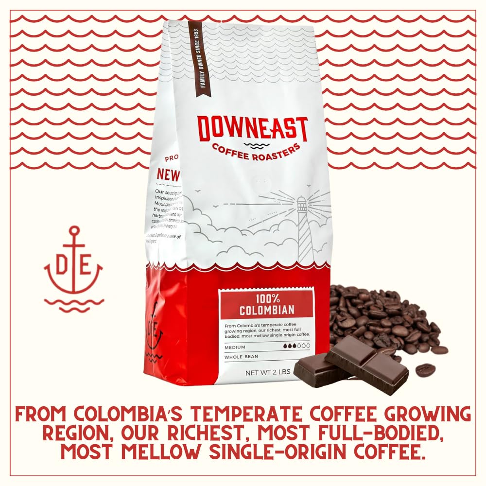 Downeast Coffee Roasters Whole Bean Coffee - 100% Colombian, Medium Roast, 100% Arabica Coffee - Dark Chocolate and Ripe Fruit Notes - Select Central and South American Highlands (2lb Bag)