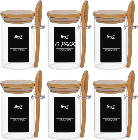 ComSaf Spice Jars with Spoon 8 oz 6Pack, Small Spice Containers Starter Set, Glass Seasoning Jars with Labels, Round Seasoning Containers for Salt, Pepper, Chili Powder, Sugar, Loose Tea Storage