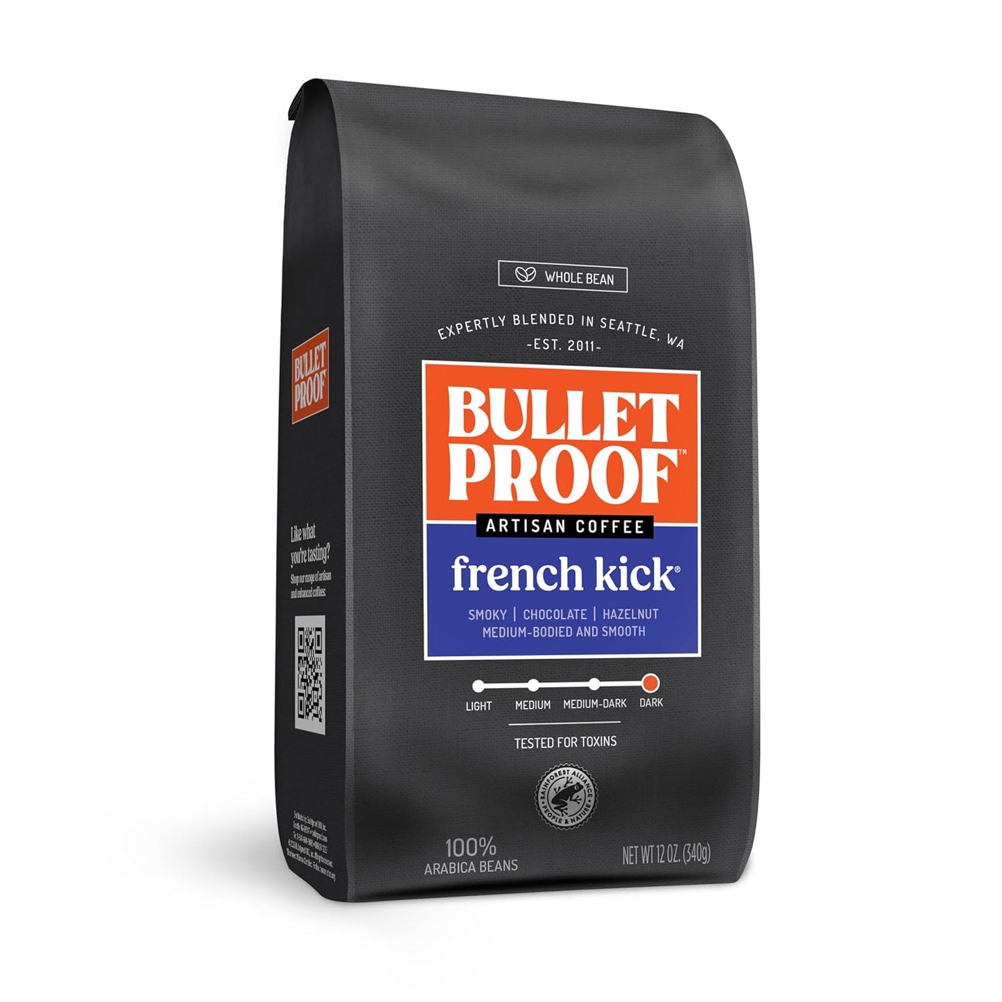 Bulletproof French Kick Dark Roast Whole Bean Coffee, 12 Ounces, Clean Coffee Tested for Toxins, Packaging May Vary