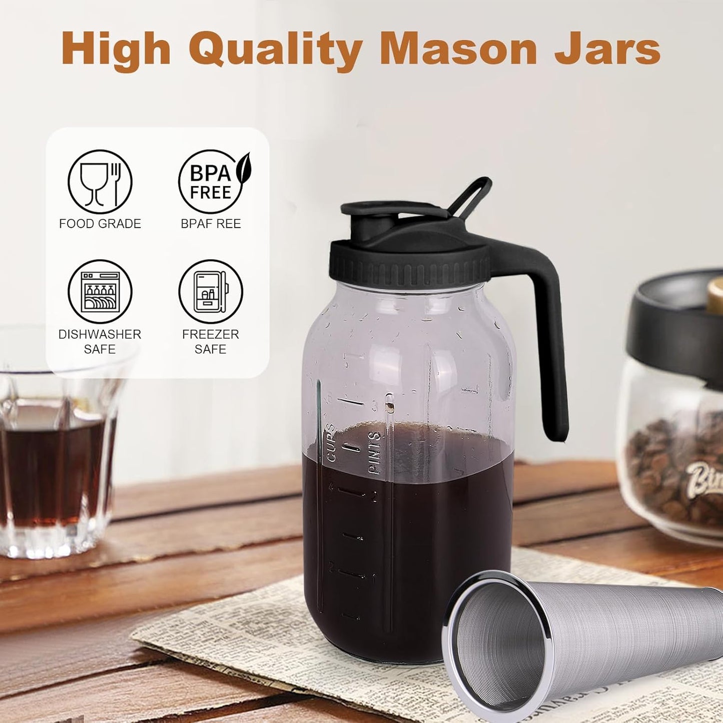 Cold Brew Coffee Maker,64 oz Mason Jar Pitcher with Stainless Steel Filter, Pour Spout Handle Lid, Heavy Duty Glass Airtight & Leak-Proof Pitcher for iced coffee Tea Lemonade