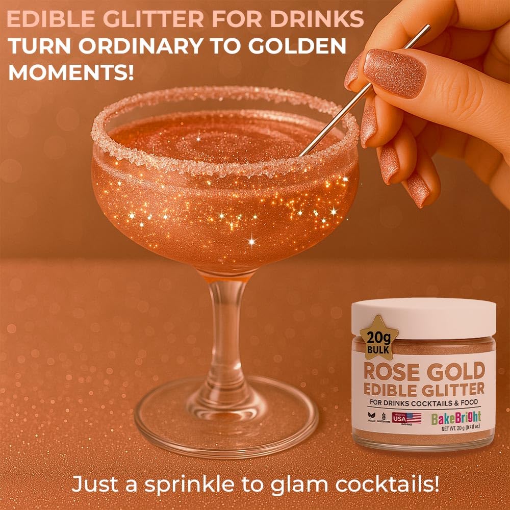 Bulk (20g) Rose Gold Edible Glitter for Drinks Edible Glitter for Cakes, Drink Glitter Brew Glitter Rose Gold Edible Glitter Cake Decorations Edible Rose Gold Glitter for Strawberries Cocktail Glitter