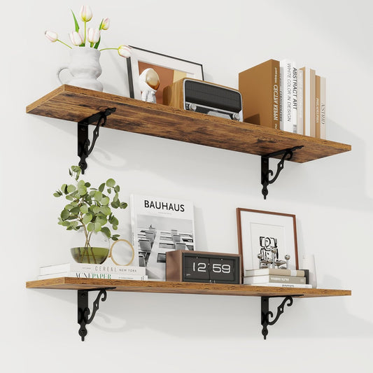 RICHFOCUS Floating Shelves for Wall Decor, 35.4W x 8D Wall Shelves Set of 2, 8 Inch Deep Rustic Wood Shelves Wall Mounted with Brackets, Long Shelves for Living Room Bedroom Kitchen, Rustic Brown