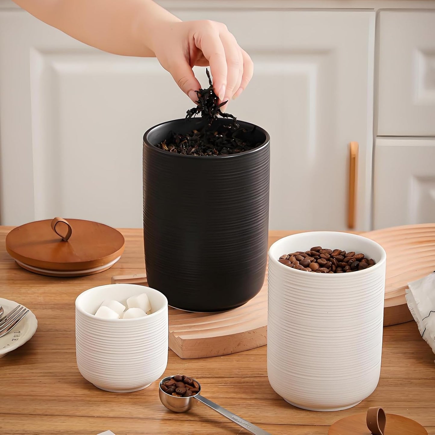 Food Storage Jar Strong Ceramic Storage Canisters with Airtight Wooden Lid,Kitchen Storage Containers for Serving Coffee Beans, Tea, Sugar, Salt, Spices (Black three-piece set)