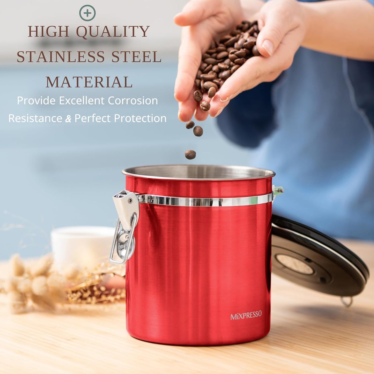 Mixpresso 16 Oz Red Coffee Canister, Stainless Steel Airtight Coffee Container, Air tight Jar Tea Storage with Date Tracker, Vacuum Sealed Espresso Airtight Canister, Sugar Container for Home