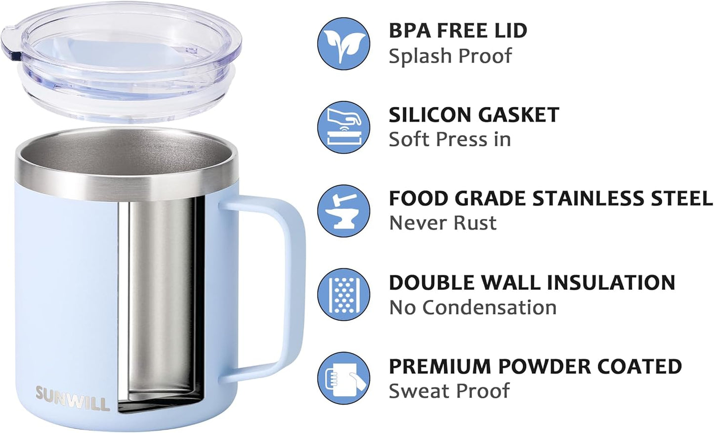 SUNWILL Insulated Coffee Mug with Lid, Travel Tumbler with Handle, 14 oz Stainless Steel Cup for Camping, Office, Home, Powder Coated Iceberg
