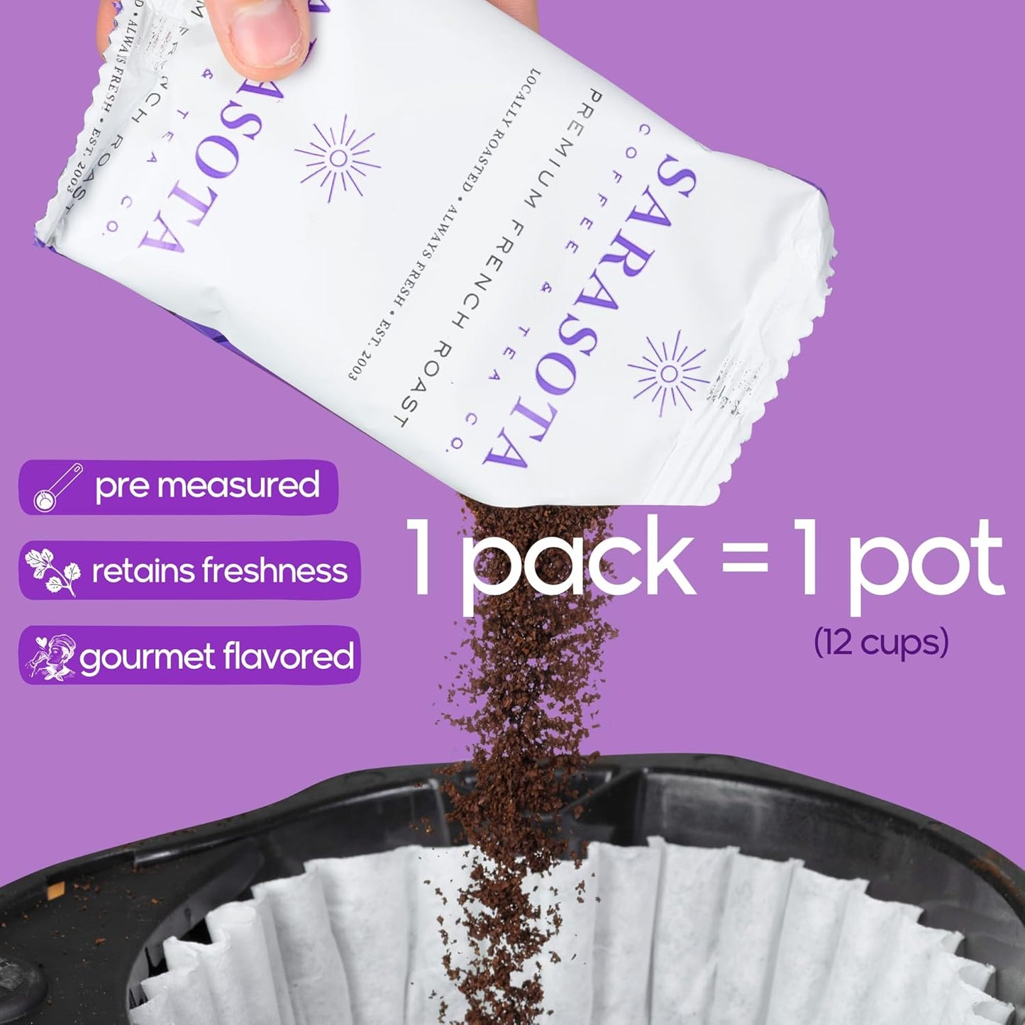 Sarasota Coffee Ground Packets | Gourmet Dark French Roast Ground Coffee Packs | Cubano European | Low Acid Mold Free Singles Individual Pouches for 12 Cup Coffee Maker | 2 Ounce Bags, 12 Count