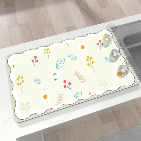 Dish Drying Mat 16" X 24", Super Absorbent & Cuttable Coffee Mats for Countertop, Kitchen Counter Mat Fits Under Coffee Maker or Machine, Hide Stain Drying Pad for Dish Drying Rack, Cute Flower