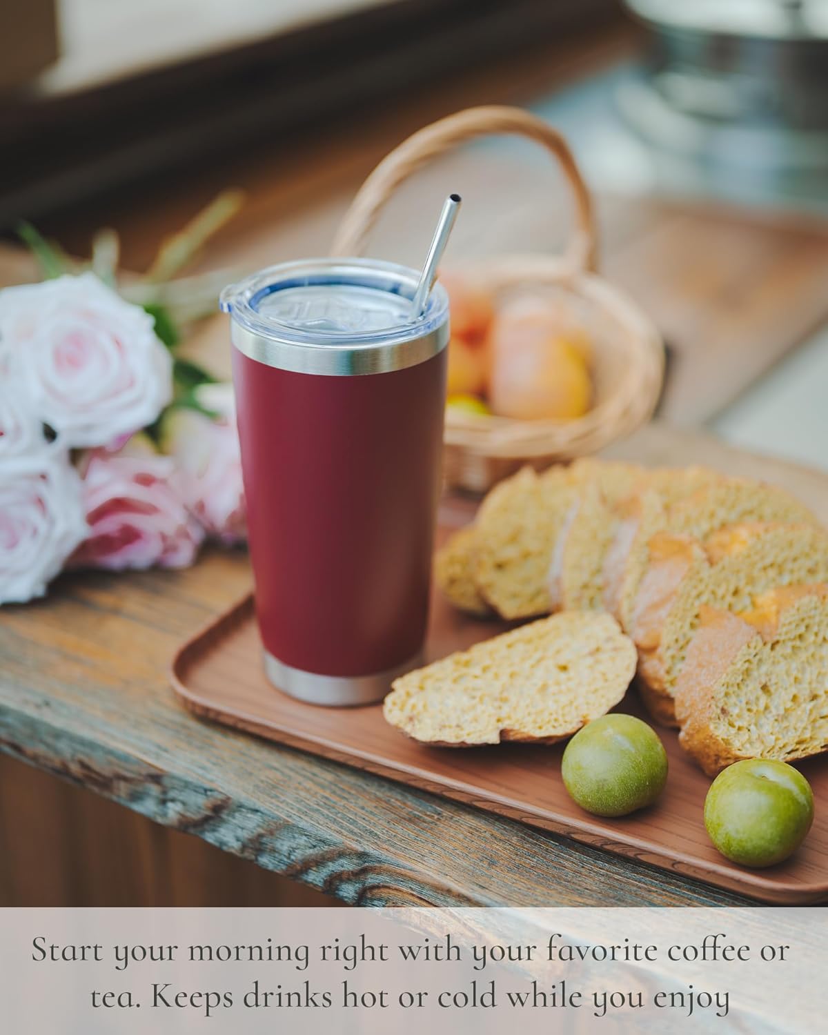 Travel Coffee Tumbler 20oz, 1 Pack Leakproof Travel Coffee Mug with Lid and Straw, Stainless Steel Double Wall Vacuum Insulated Tumbler for Hot/Iced Drinks (Textured Matte, Red)