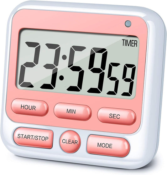 KTKUDY Digital Kitchen Timer with Mute/Loud Alarm Switch ON/Off Switch, 24 Hour Clock & Alarm, Memory Function Count Up & Count Down for Kids Teachers Cooking, Large LCD Display, Strong Magnet (Pink)