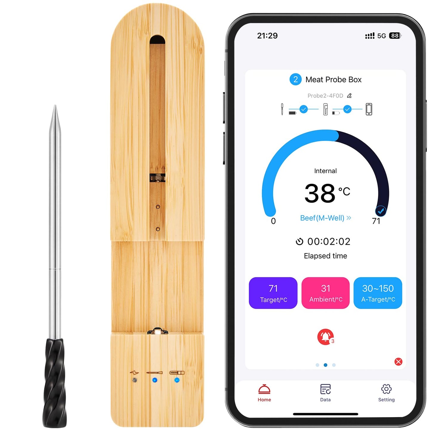 Amsau Wireless Smart Meat Thermometer with Bluetooth | Long Range | Measures Internal & Ambient Temp | for BBQ, Oven, Grill, Kitchen, Smoker, Rotisserie (Black)