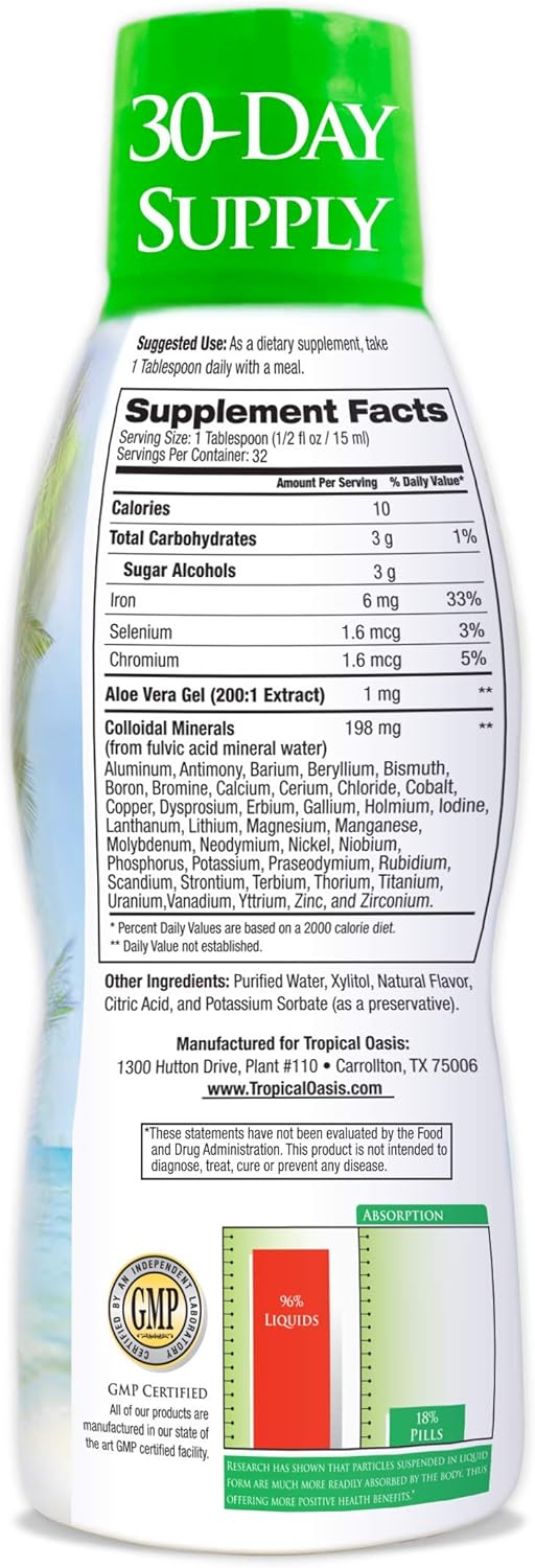 Tropical Oasis - Premium Ionized Plant Based Trace Minerals Liquid Formula- 74 essential minerals in liquid form for up to 96% Absorption - 16 oz, 32 servings