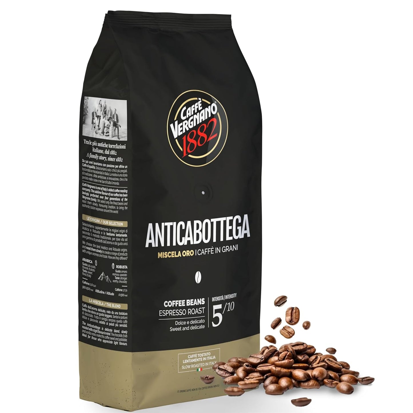Caffe Vergnano 1882 Antica Bottega Whole Bean Arabica Medium Roast Espresso, 2.2 lbs Bag - Italian Coffee Beans with notes of Chocolate, Nuts & Caramel, Intensity 5/10-1000g Bag