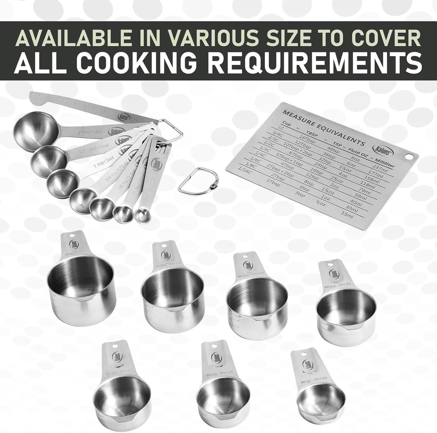 Kaluns Stainless Steel Measuring Cups, Measuring Spoons,16 Piece Measuring Cups and Spoons Set Includes Leveler and Measurements Card, Heavy-duty, Heat and Rust Resistant