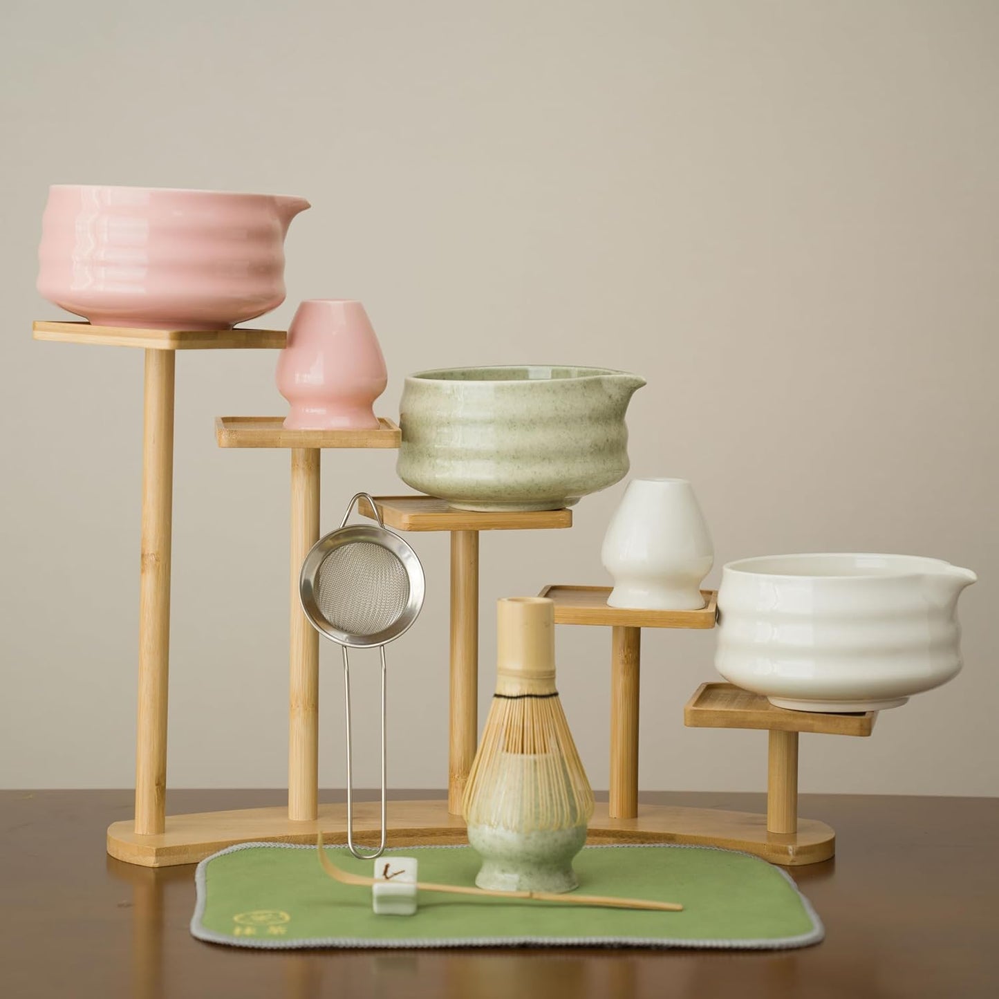 Matcha whisk Set,7 Pcs Matcha Making Kit with whisk Whisk, Ceramic Bowl, Sifter, Scoop, Holder, Stand, and Tea Towel for Ultimate Matcha Experience（White）