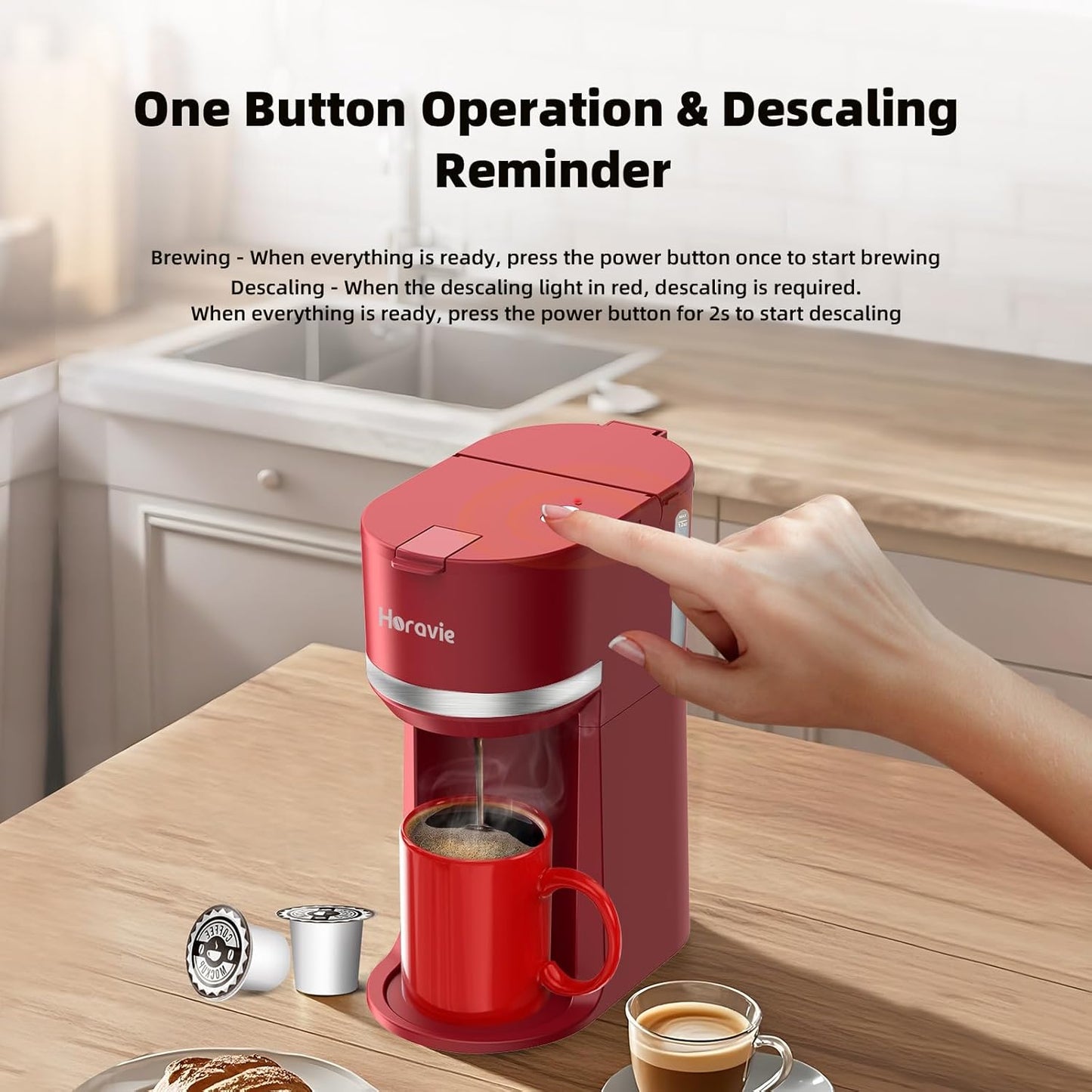 Mini Single Serve Coffee Maker for K Cup and Ground Coffee, Fast Brew One Cup Coffee Machine with Descaling Reminder and Water Window, 6 to 12 oz. Brew Sizes, Red