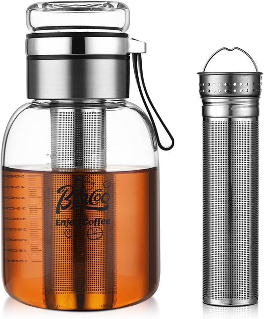 Glass Cold Brew Coffee Maker with Extended Fine Mesh Filter, Tea Infuser Bottle Iced Coffee Maker with Thick Borosilicate Glas