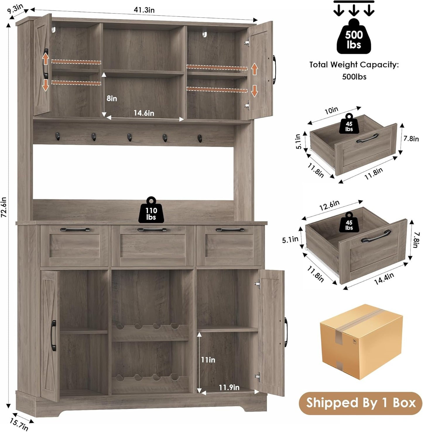HIFIT 72" Kitchen Pantry Hutch Cabinet with Storage, Farmhouse Wood Coffee Bar with Wine Rack and Microwave Stand, Tall Storage Cabinet with Barn Doors and Shelves for Dining Living Room, Ash Grey