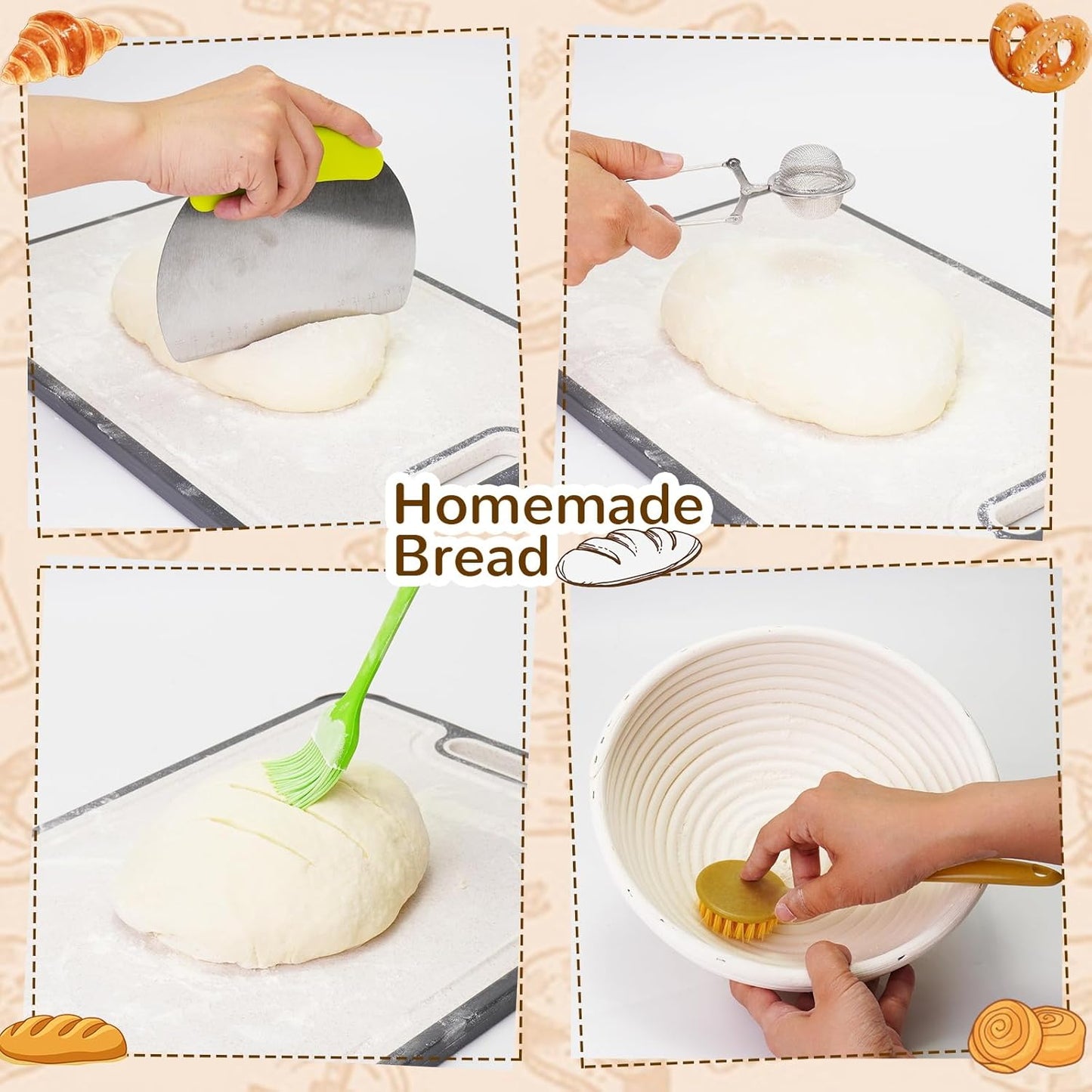 Sourdough Starter Kit,9 Inch Round & 10 Inch Oval Banneton Bread Proofing Basket with Dough Whisk Bread Lame Dough Scraper Bowl Scraper Silicone Brush Sourdough Bread Baking Supplies