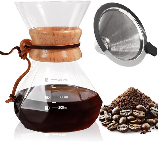 Pour Over Coffee Maker 400ml with 304 Stainless Steel Filter and Wooden Collar Holder Borosilicate Glass Drip Coffeemaker Server Set Clear Hand Brew Dripper Carafe for Home Camping Travel 13.5oz