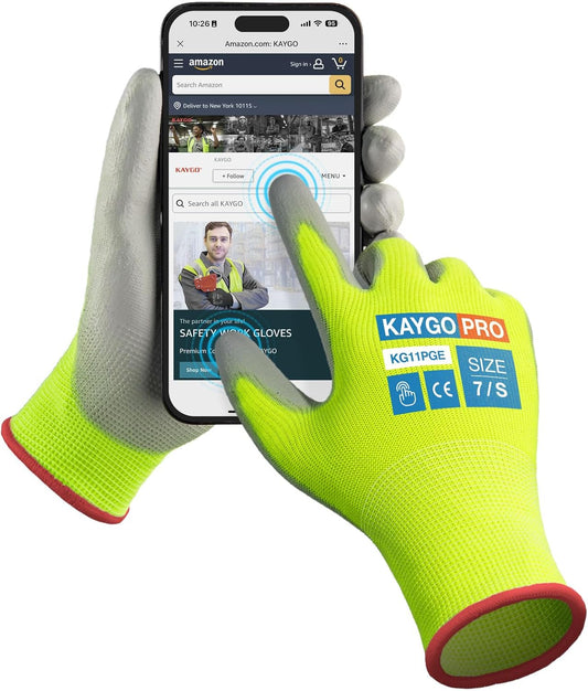 KAYGO Safety Work Gloves PU Coated for Men and Women, KG11P 12 Pairs, Seamless Knit Glove with Two Fingers Touchscreen,Ideal for General Duty Work (Green,S)
