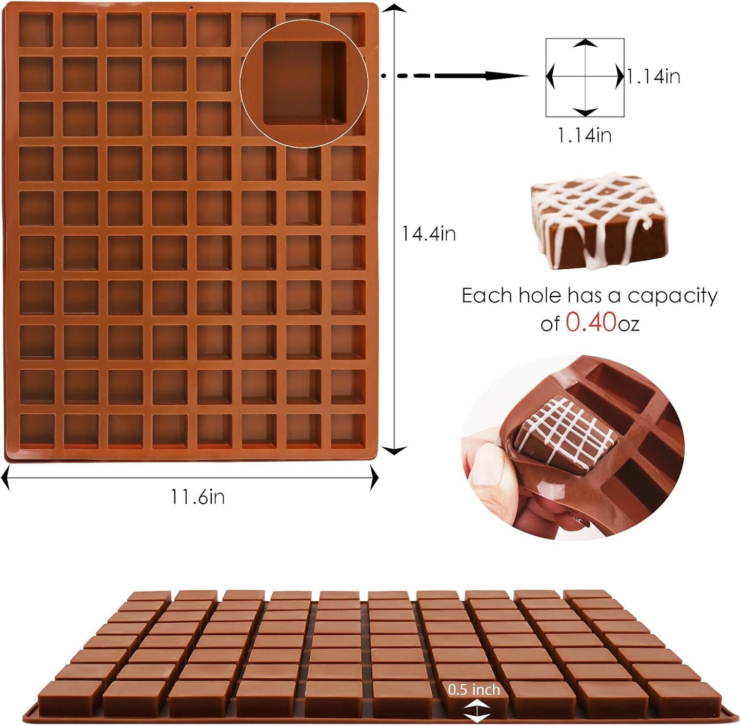 Sakolla Square Chocolate Mold, 80 Cavities Silicone Molds for Chocolate, Caramel, Praline, Ice Cube, Jelly, and Gummy (Coffee）