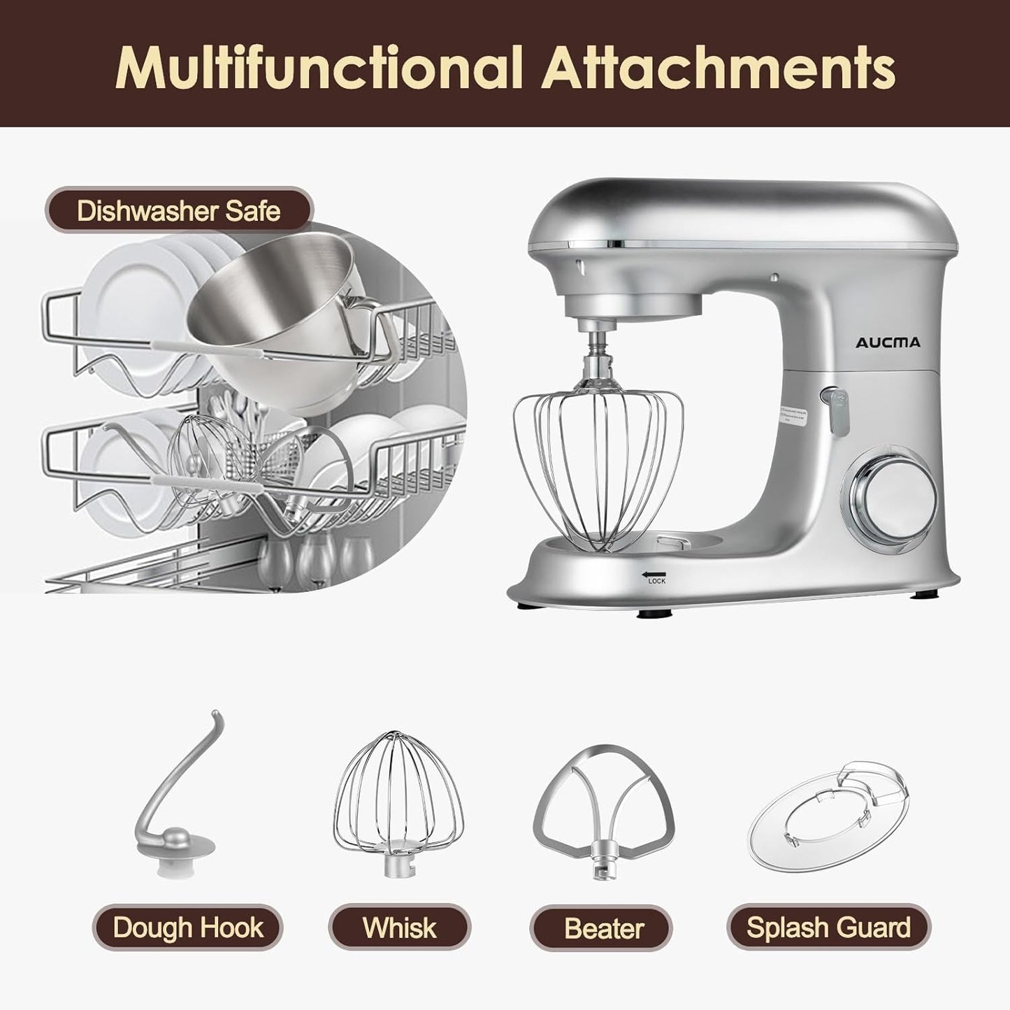Aucma Stand Mixer,8.5QT 900W Kitchen Mixer, Large Capacity Kitchen Electric Mixers with Dough Hook, Wire Whip & Beater
