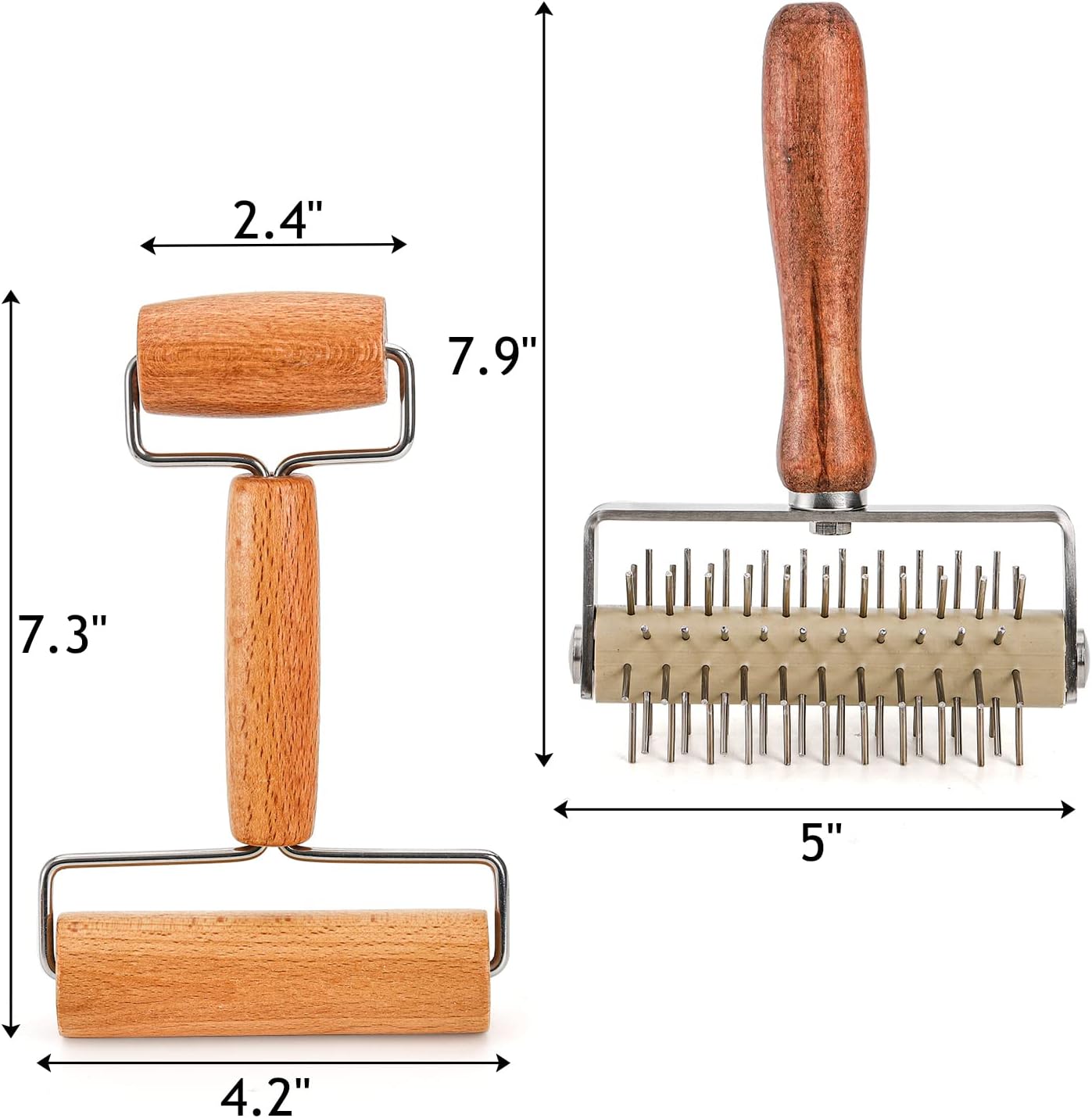 Hiceeden Set of 2 Pizza Dough Roller & Dough Docker, Stainless Steel Dough Hole Maker Puncher Wooden Rolling Pin for Pizza, Cookie, Pie, Pastry, Bread, Crust